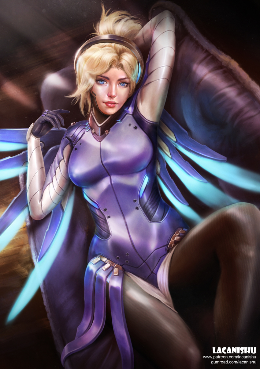 alternate_color arm_behind_head artist_name bad_deviantart_id bad_id blonde_hair blue_eyes blue_wings bodysuit breasts couch glowing glowing_wings high_ponytail highres lacanishu large_breasts lips looking_at_viewer mechanical_halo mechanical_wings mercy_(overwatch) on_couch overwatch pantyhose realistic solo sunlight wings