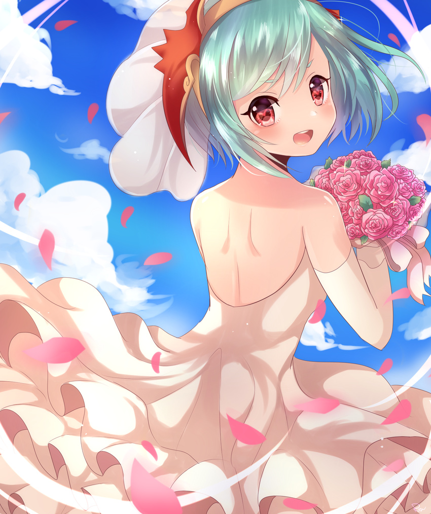 alternate_costume back bare_shoulders blue_eyes blush bouquet cloud commentary_request day dragon_horns dress elbow_gloves flower from_behind gloves heart heart-shaped_pupils highres horns looking_at_viewer looking_back open_mouth petals puzzle_&amp;_dragons red_eyes rose rushin saria_(p&amp;d) short_hair solo symbol-shaped_pupils wedding_dress