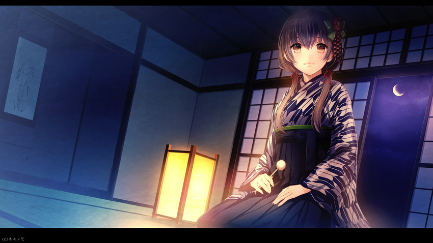 black_hakama blush brown_eyes brown_hair circle_name copyright_request crescent_moon dutch_angle hair_ornament hakama highres holding indoors japanese_clothes kanzashi kimono letterboxed long_hair low_twintails mimikaki moon night porigon seiza shouji sitting sliding_doors solo tatami twintails watermark yagasuri