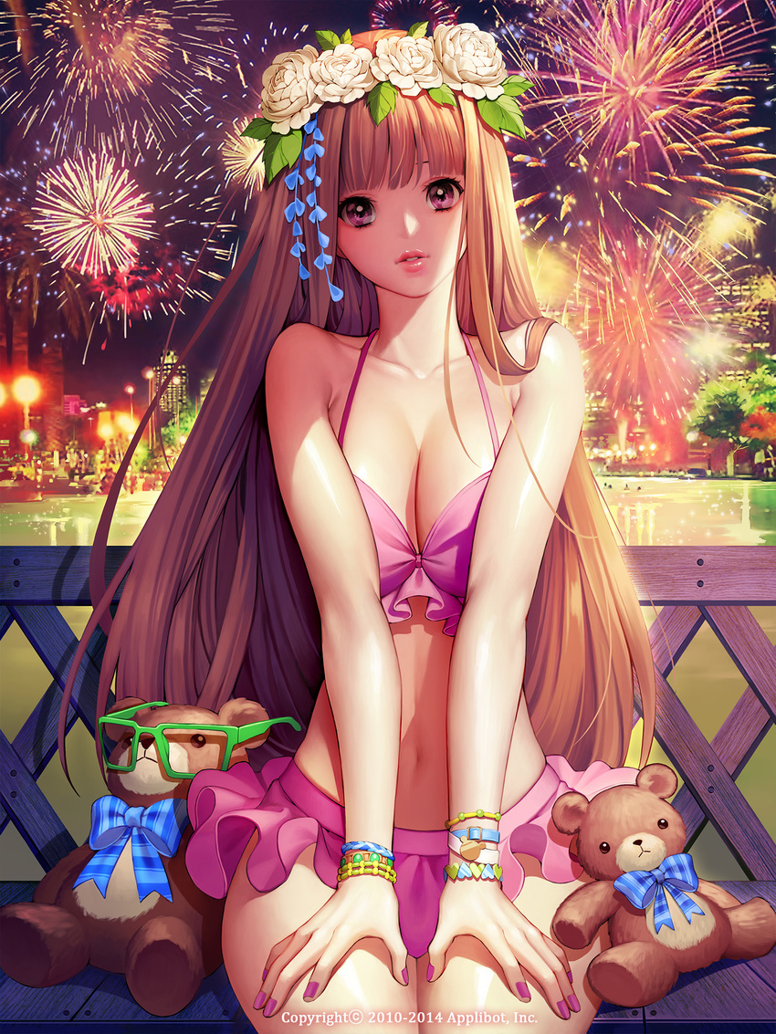 aerial_fireworks araki_keika bikini bracelet breasts brown_hair city cleavage dated fireworks flower furyou_michi_~gang_road~ glasses green-framed_eyewear hair_flower hair_ornament head_wreath highres jewelry knees_together large_breasts lips long_hair looking_at_viewer nail_polish navel parted_lips pink_nails purple_eyes sitting solo soo_kyung_oh stuffed_animal stuffed_toy swimsuit teddy_bear v_arms