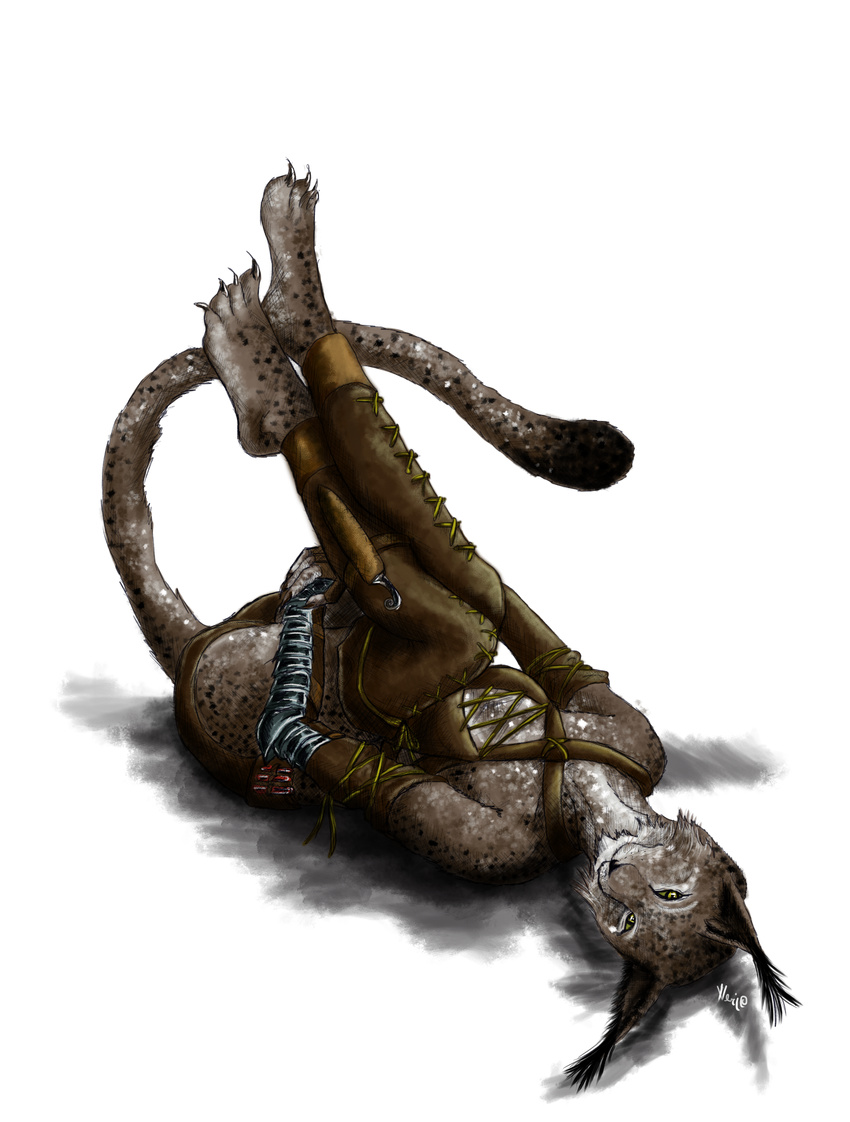 2015 absurd_res alpha_channel anthro barefoot claws clothing ear_tuft feline female fur hi_res khajiit legs_up looking_at_viewer lying mammal nerissien on_back simple_background smile solo spots spotted_fur the_elder_scrolls toe_claws transparent_background tuft video_games yellow_eyes