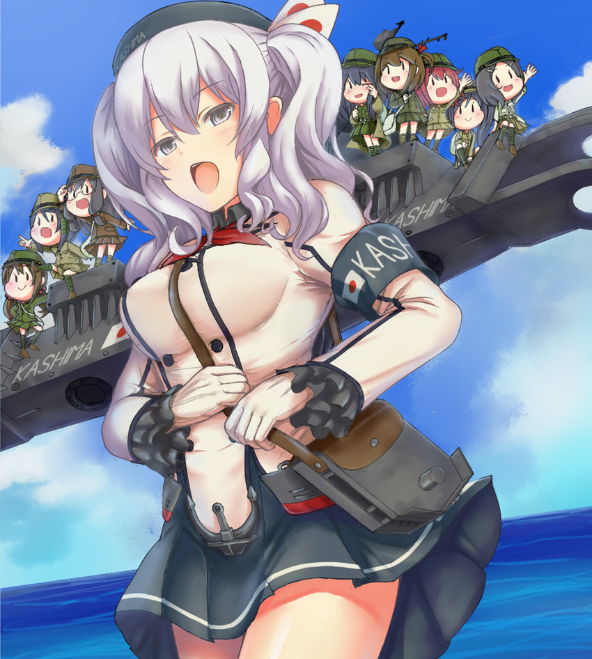 :d armband bag beret binoculars black_hair blue_sky breasts buttons character_name cloud commentary_request day em_s epaulettes fairy_(kantai_collection) frilled_sleeves frills glasses gloves grey_eyes hair_between_eyes hat highres jacket japanese_flag kantai_collection kashima_(kantai_collection) kneehighs looking_at_viewer low_twintails machinery medium_breasts military military_uniform minigirl miniskirt multiple_girls neckerchief ocean open_mouth pleated_skirt red_hair short_hair sidelocks silver_hair sitting skirt sky smile standing thighhighs tsurime twintails uniform wavy_hair white_gloves