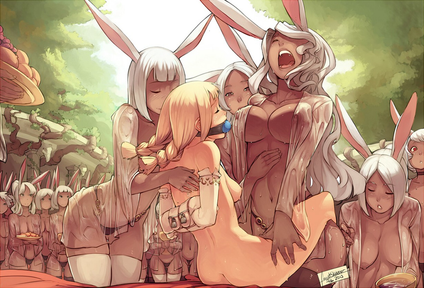 animal_ears arms_behind_back ball_gag bangs bdsm black_legwear black_panties blonde_hair blunt_bangs blush bob_cut bondage bound bound_arms box_tie braid breasts brown_eyes bunny_ears ceremony choker closed_eyes commentary couple crowd curly_hair dark_skin dated duplicate faustsketcher final_fantasy final_fantasy_xii food fran fruit gag gagged highleg highleg_panties large_breasts lock long_hair medium_breasts multiple_girls nipples nude oil outdoors padlock panties parted_bangs penelo plate red_eyes see-through sex short_hair signature small_breasts sweat thighhighs twin_braids underboob underwear viera wet wet_clothes white_hair white_legwear yuri