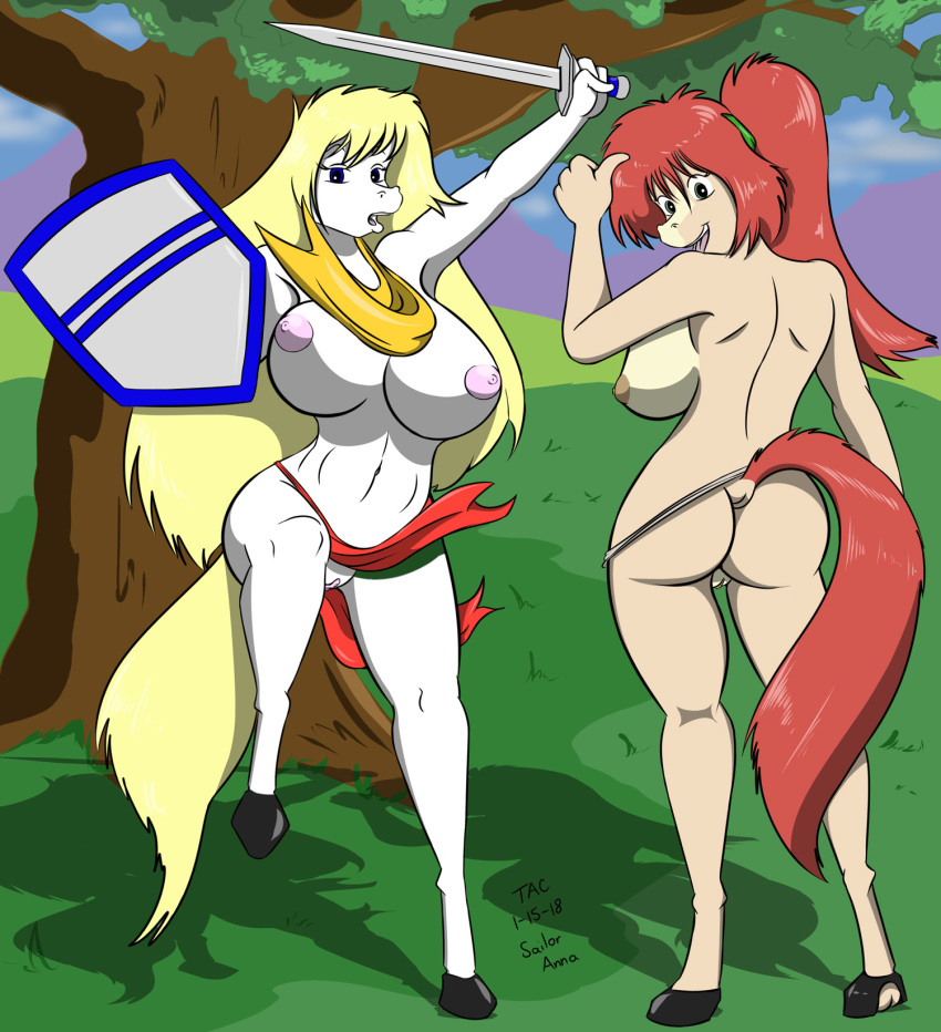 2018 anna_(sailoranna) anthro big_breasts blonde_hair blue_eyes breasts butt clothed clothing dock duo equine female green_eyes hair hi_res holding_object holding_weapon horse loincloth long_hair looking_at_viewer looking_back mammal melee_weapon mostly_nude navel nipples nude on_one_leg open_mouth outside ponytail pussy rear_view red_hair sailoranna sara_(sailoranna) shield standing sword topless tree weapon