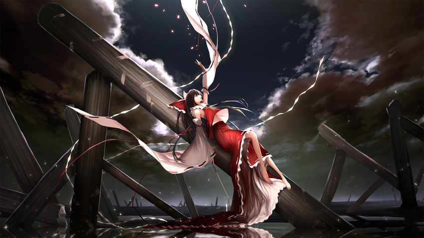 arm_up bangs barefoot black_eyes black_ribbon bow cinkai cloud cloudy_sky detached_sleeves floating_hair from_side glowing gohei hair_bow hair_tubes hakurei_reimu highres holding horizon light_particles long_hair long_skirt looking_up lying ofuda on_back outdoors petals pillar reaching red_bow red_ribbon red_skirt reflection ribbon ribbon-trimmed_skirt ribbon-trimmed_sleeves ribbon_trim ruins shide skirt skirt_set sky solo touhou upshirt very_long_hair water white_ribbon wide_sleeves