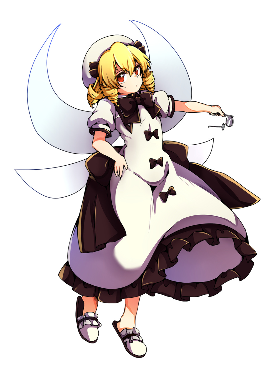 absurdres baba_(baba_seimaijo) black_bow black_neckwear blonde_hair bow bowtie drill_hair fairy_wings flying full_body glasses hair_bow hat highres luna_child red_eyes slippers solo tachi-e touhou transparent_background wings