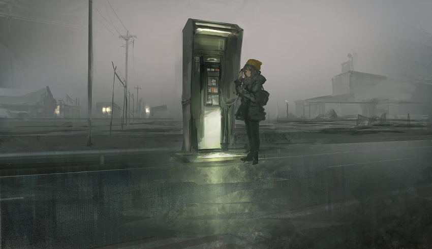 beanie cable corded_phone fog hat house jacket lm7_(op-center) long_sleeves original pants phone phone_booth power_lines road shoes solo talking_on_phone