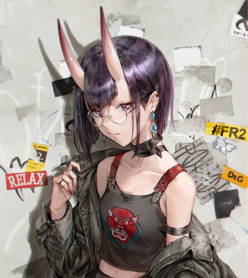 1girl absurdres alternate_costume armpit_crease bangs bare_shoulders bespectacled black_hair black_jacket black_shirt breasts choker cleavage closed_mouth collarbone earrings eyebrows_visible_through_hair fate/grand_order fate_(series) glasses grey_background hand_up highres horns huge_filesize jacket jewelry long_sleeves looking_at_viewer midriff off_shoulder oni_horns open_clothes open_jacket purple_eyes round_eyewear shadow shirt shogo_(shogo) short_hair shuten_douji_(fate/grand_order) sidelocks sleeveless sleeveless_shirt small_breasts thick_eyebrows upper_body