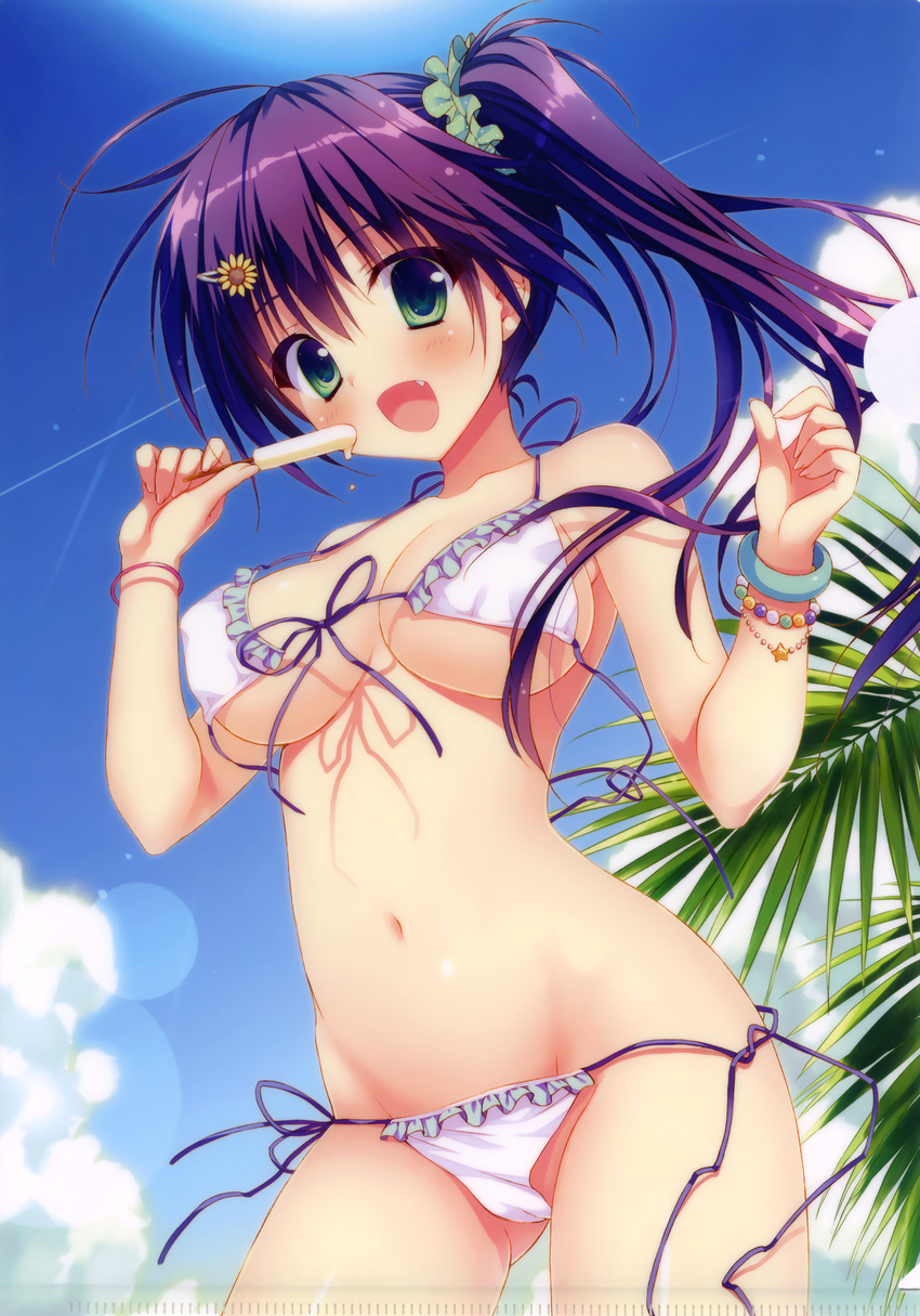 :d absurdres ass_visible_through_thighs bangs bikini blue_sky blush bracelet breasts cloud cowboy_shot day fang flower food frilled_bikini frills front-tie_bikini front-tie_top green_eyes hair_flower hair_ornament hairclip highres holding jewelry long_hair looking_at_viewer medium_breasts melonbooks melting navel open_mouth palm_tree polka_dot polka_dot_scrunchie popsicle purple_hair ryouka_(suzuya) scan scrunchie shiny shiny_skin side-tie_bikini side_ponytail sky smile solo standing star string_bikini sunflower sunflower_hair_ornament swimsuit tree wardrobe_malfunction white_bikini