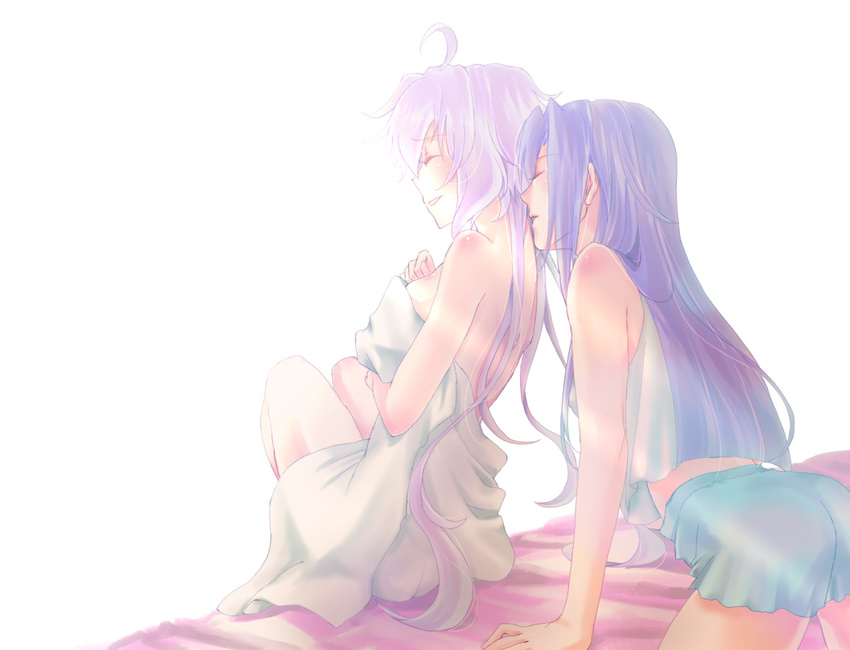 2girls ahoge back_kiss bare_back bare_shoulders bed blanket blanket_over_midsection blue_hair blush closed_eyes hair_down kazanari_tsubasa kiss light_rays loose_shirt multiple_girls neck_kiss pajamas purple_hair senki_zesshou_symphogear shirt shorts tagme twintails yukine_chris yuri