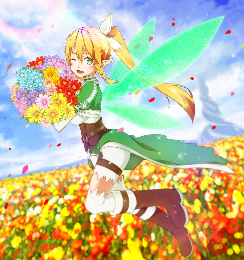 2mota blonde_hair boots bouquet brown_footwear flower green_eyes hair_ribbon highres holding knee_boots leafa long_hair looking_at_viewer one_eye_closed open_mouth outdoors pointy_ears ponytail ribbon see-through shorts solo sword_art_online thighhighs white_legwear white_ribbon white_shorts wings