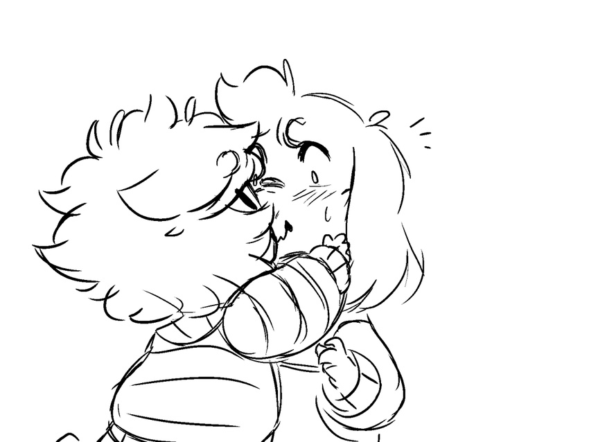ambiguous_gender anthro asriel_dreemurr blush boss_monster caprine clothed clothing cute digital_media_(artwork) duo fur goat hair human human_on_anthro interspecies kissing love male male/ambiguous mammal monochrome protagonist_(undertale) sketch surprise sweat thedeterminedchild undertale video_games