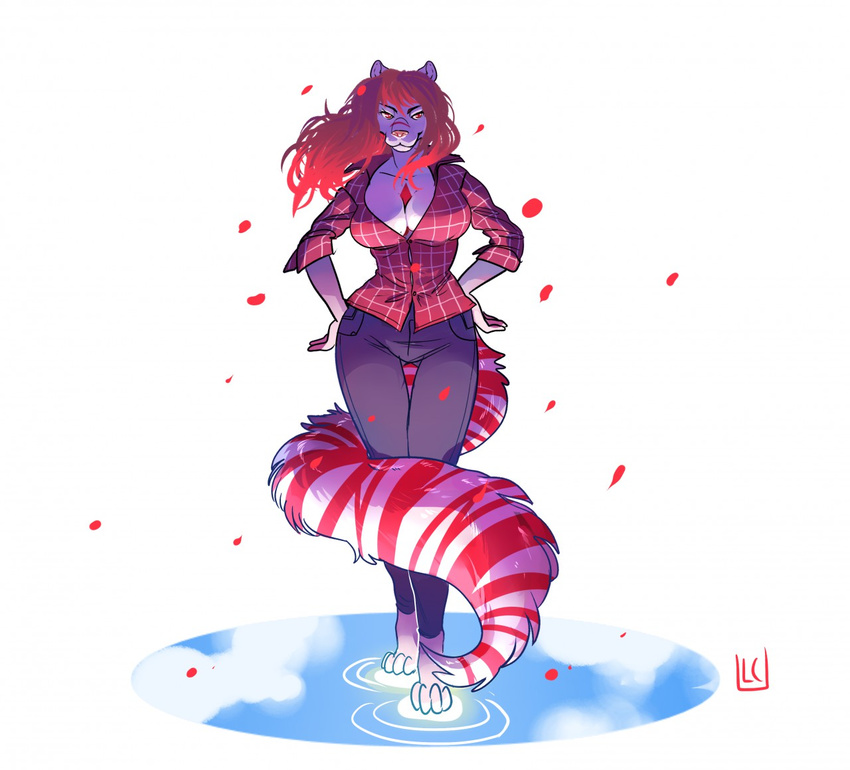 anthro breasts clothed clothing feline female half-closed_eyes hands_on_hips happylittlecloud hi_res mammal simple_background solo standing striped_tail stripes wide_hips