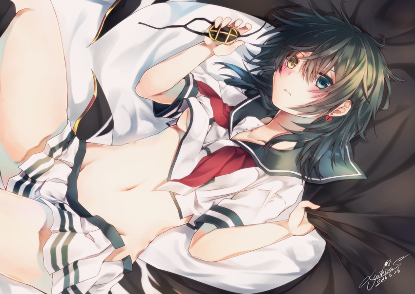 bed_sheet black_hair black_legwear blouse blue_eyes blush breasts closed_mouth collarbone dated earrings eyepatch eyepatch_removed frown green_hair groin hair_between_eyes heart heart-shaped_lock heart_earrings heart_lock_(kantai_collection) heterochromia holding jewelry kantai_collection kiso_(kantai_collection) kneehighs lock looking_at_viewer miniskirt navel neckerchief on_bed padlock pleated_skirt remodel_(kantai_collection) school_uniform serafuku sheet_grab shirt short_hair short_sleeves signature skirt small_breasts solo stomach underboob undone_neckerchief untied white_blouse white_shirt yellow_eyes yuihira_asu