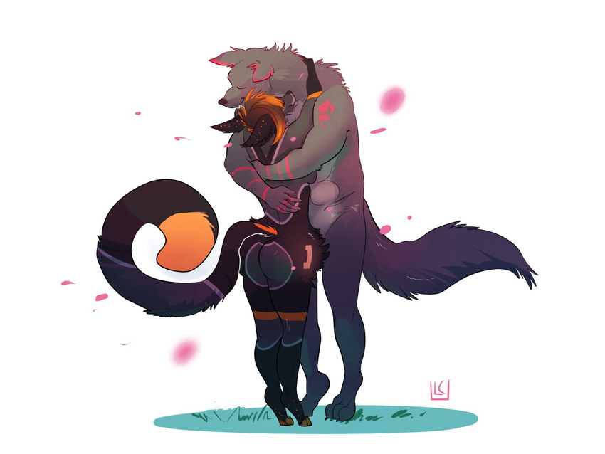 anthro butt canine duo eyes_closed female happylittlecloud hug larger_male male male/female mammal nude simple_background size_difference smile standing wolf