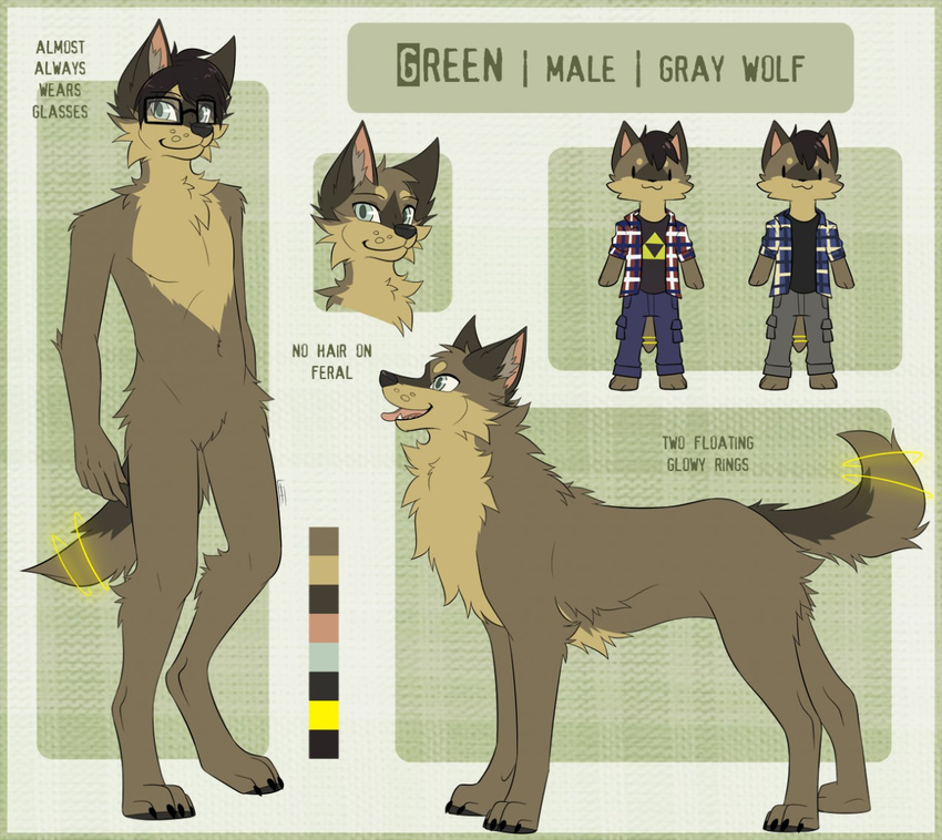 2015 4_toes 5_fingers anthro barefoot black_hair blue_eyes brown_fur brown_nose brown_tail canine cheek_tuft chest_tuft chibi claws clothed clothing countershading english_text eyebrows eyewear fangs featureless_crotch feral front_view fully_clothed fur glasses green_(leeomon) hair inner_ear_fluff jacket leeomon looking_at_viewer male mammal multicolored_fur navel neck_tuft nude open_jacket open_mouth pants pink_tongue shirt short_hair side_view smile solo tan_fur teeth text toes tongue tongue_out triforce tuft two_tone_fur two_tone_tail wolf
