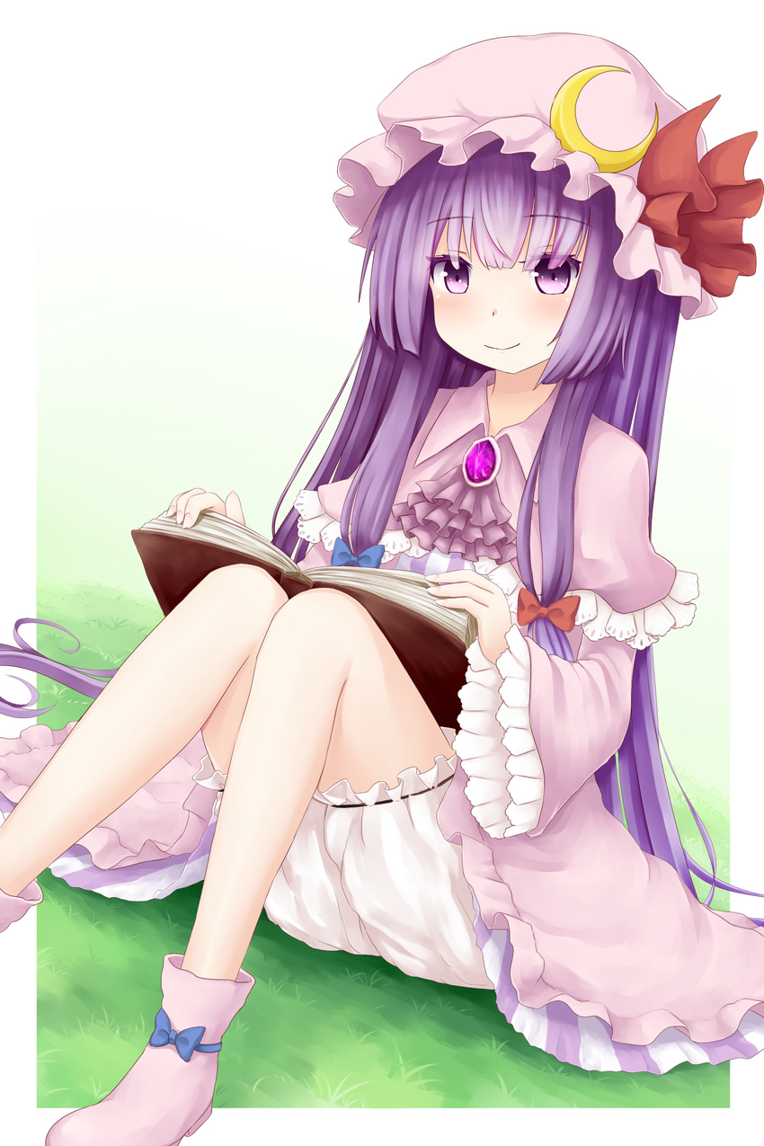 absurdres anata_(lighttuner) ascot bloomers blush book boots capelet crescent dress dutch_angle gradient gradient_background hat hat_ribbon highres long_sleeves looking_at_viewer mob_cap on_grass open_book patchouli_knowledge purple_eyes purple_hair ribbon sitting smile solo striped striped_dress touhou underwear wide_sleeves