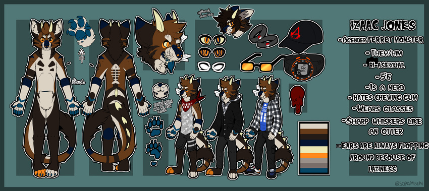 4_toes 5_fingers bandanna claws clothing electrify eyewear featureless_crotch ferret footwear glasses hat horn izaac male mammal model_sheet monster mustelid neutrois pants pawpads paws pouch shirt shoes soramisery text thick_tail toes tongue tongue_out watch