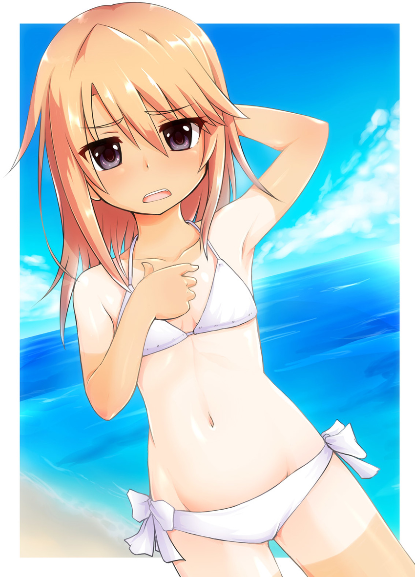 accessory_tan beach black_eyes blonde_hair flat_chest highres idolmaster idolmaster_cinderella_girls koronepan long_hair one-piece_tan shorts_tan solo standing tan tanline yuuki_haru