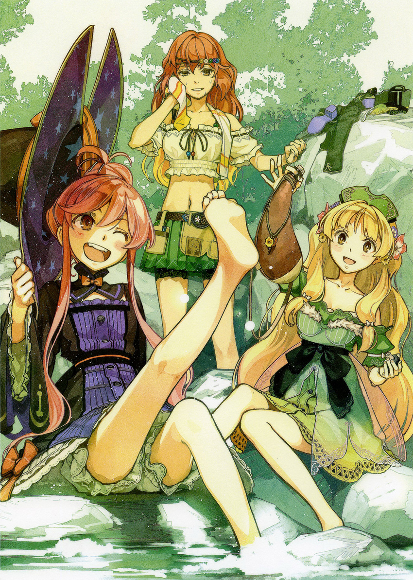 ;d absurdres atelier_(series) atelier_ayesha ayesha_altugle bare_shoulders barefoot belt blonde_hair bloomers blush brown_eyes collarbone crop_top detached_sleeves feet fur_trim green_skirt hair_ornament hairclip hat hat_removed head_tilt headdress headwear_removed hidari_(left_side) highres holding holding_hat kneepits leg_lift long_hair midriff miniskirt multiple_girls navel official_art one_eye_closed open_mouth orange_hair outdoors parted_lips petticoat pleated_skirt print_hat puffy_short_sleeves puffy_sleeves red_hair regina_curtis ribbon-trimmed_shirt rock shoes_removed short_sleeves sidelocks sitting skirt smile soaking_feet soles standing star star_print thumbs_up towel towel_around_neck underwear very_long_hair water waterskin wilbell_voll=erslied wiping_face witch witch_hat yellow_eyes