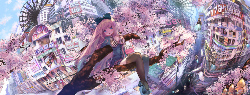 1girl artist_name bangs billboard black_legwear blue_bow blue_dress blue_eyes blue_footwear blue_shirt blue_skirt blue_sky blunt_bangs blush bow breasts building cherry_blossoms cityscape cleavage cloud colorful comiket commentary_request day dress ferris_wheel hair_bow head_tilt jetpack john_hathway large_breasts long_hair looking_at_viewer open_mouth original outdoors pink_hair pleated_skirt scenery shirt shoes shop sign sitting_on_branch skirt sky smile solo_focus spacesuit thighhighs tree very_long_hair wavy_hair