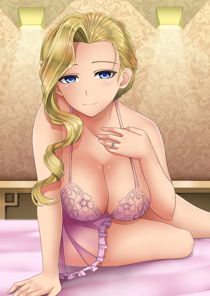 1girl azur_lane blonde_hair blue_eyes breasts cleavage commentary_request hair_over_shoulder highres hood_(azur_lane) jewelry large_breasts leaning_forward light_smile lingerie long_hair looking_at_viewer moon_(xul4eji6bp4) nightgown on_bed pink_nightgown ring see-through sitting sitting_on_bed solo underwear wedding_ring