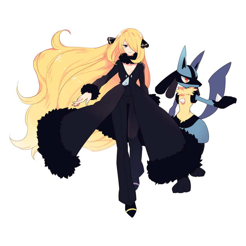 absurdly_long_hair blonde_hair breasts cleavage coat commentary_request formal fur_trim gen_4_pokemon gum_(gmng) hair_ornament hair_over_one_eye highres long_hair lucario medium_breasts pant_suit pokemon pokemon_(creature) pokemon_(game) pokemon_dppt shirona_(pokemon) suit very_long_hair