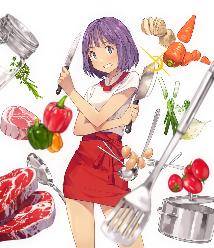 bangs beef bell_pepper blue_eyes blurry blush bob_cut carrot chef_uniform cleaver cowboy_shot crossed_arms daikon depth_of_field dual_wielding egg food fork frying_pan glint grin highres holding kitchen_knife knife ladle lid loo looking_at_viewer meat miniskirt neckerchief original pepper pepper_shaker pork pot potato purple_hair radish red_skirt shirt short_hair short_sleeves skirt sliced smile solo spatula spoon spring_onion tomato white_background white_shirt yohan12