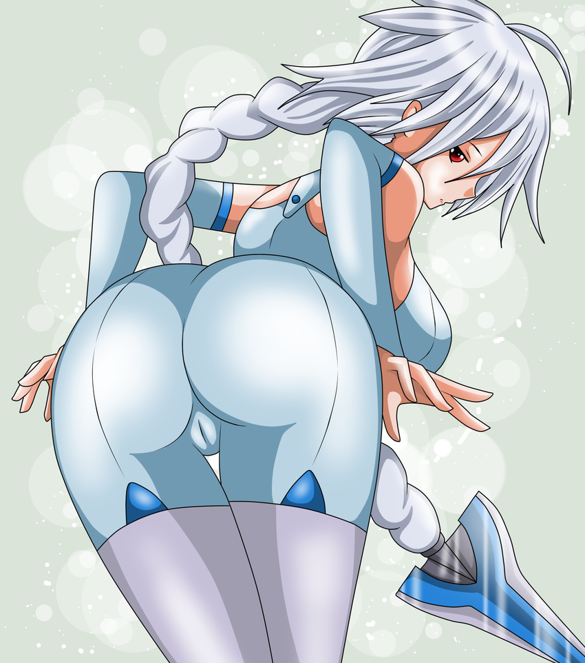 1girl ahoge arc_system_works ass bare_shoulders blazblue bodysuit braid breasts cameltoe from_behind huge_ass large_breasts leaning leaning_forward long_hair looking_at_viewer nu-13 red_eyes shadako26 shiny shiny_clothes shiny_hair sideboob silver_hair single_braid solo very_long_hair