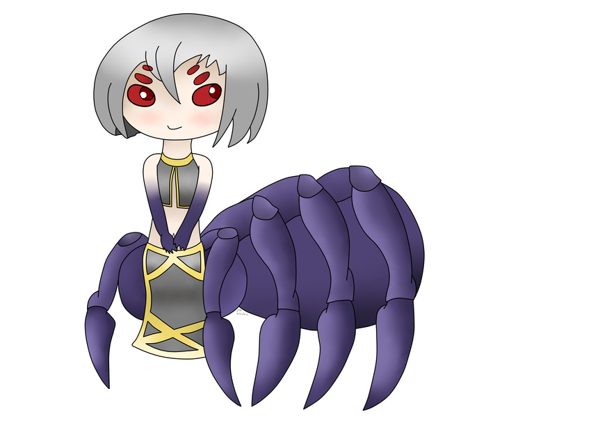 arachnid arthropod blush breasts clothed clothing drider female flat_chested hair judgethedude monster_girl monster_musume multi_eye rachnera_arachnera_(monster_musume) small_breasts solo spider spidertaur white_hair