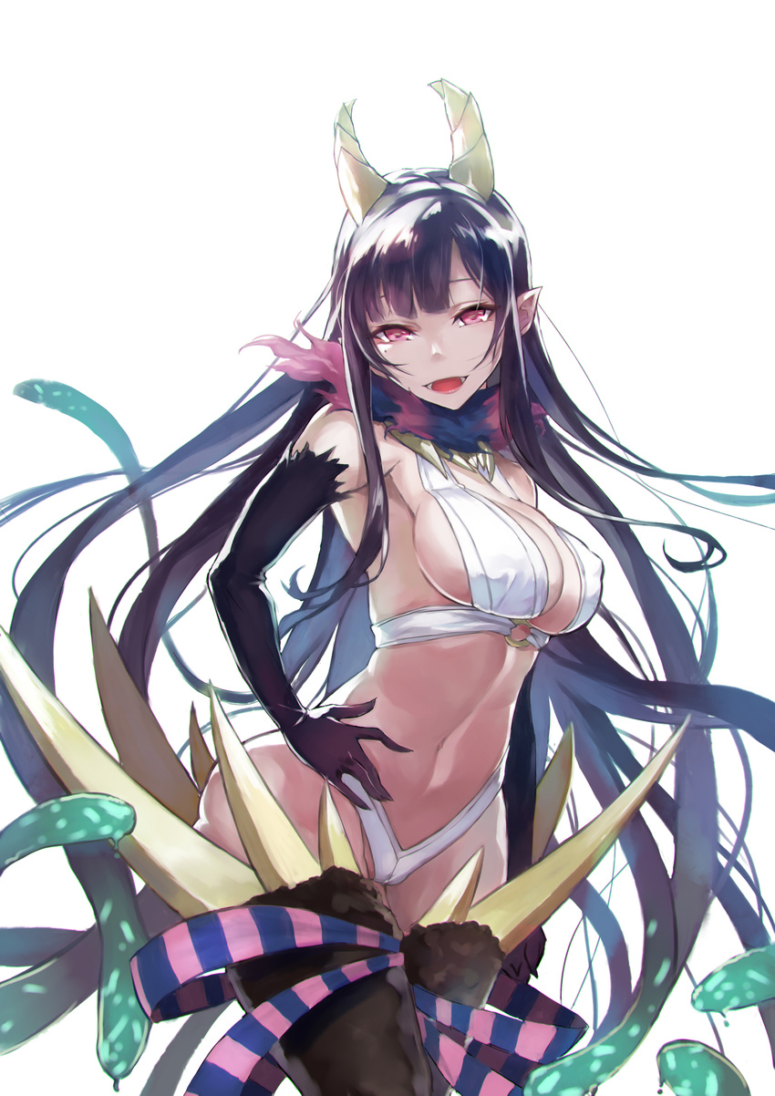 :d absurdres ane_naru_mono black_gloves black_hair borrowed_character breasts chiyo_(ane_naru_mono) covered_nipples elbow_gloves gloves hand_on_hip head_tilt highres horns kamisa large_breasts long_hair looking_at_viewer mole mole_under_eye open_mouth pink_eyes pointy_ears simple_background smile solo very_long_hair white_background