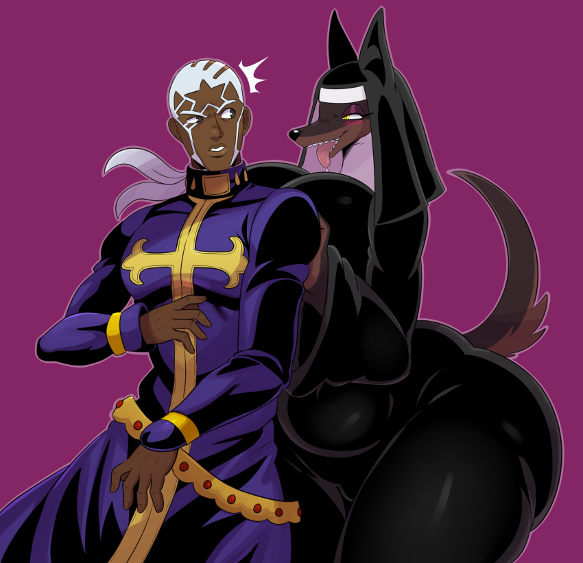 2018 absurd_res anthro belt big_breasts big_butt black_clothing black_fur blue_clothing blush breast_squish breasts butt canine christian_symbol christianity clothed clothing confusion cross crossover dark_skin doberman dog drooling duo emanata enrico_pucci eyeliner female flirting fully_clothed fur hair hi_res human human_on_anthro interspecies jojo's_bizarre_adventure laverne_(sssonic2) makeup male male/female male_on_anthro mammal mature_female mature_male multicolored_hair nun open_mouth open_smile ponytail ponytails priest purple_background religion saliva simple_background smile sssonic2 surprise teeth thick_thighs tongue tongue_out two_tone_hair voluptuous white_hair wide_hips yellow_eyes