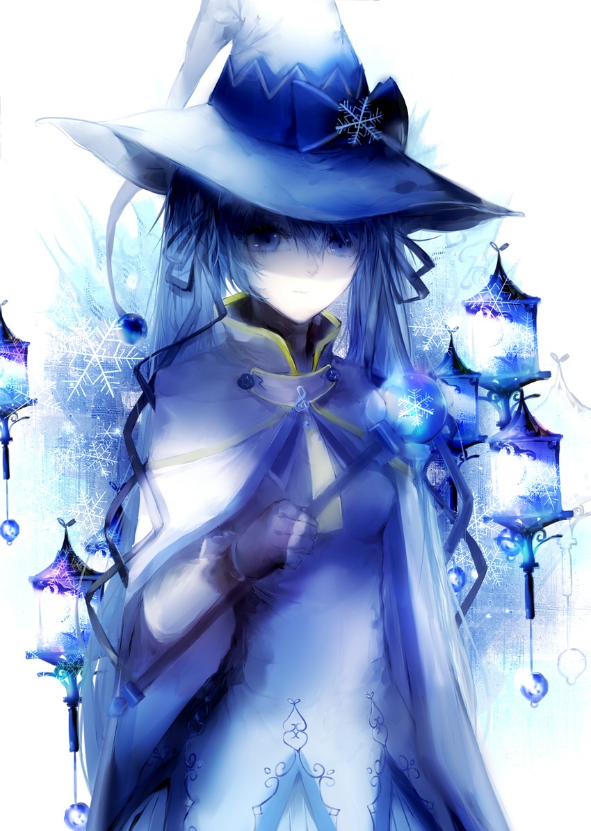 black_gloves black_ribbon blue_hair blue_hat fingerless_gloves gloves hair_ribbon hat hatsune_miku highres holding long_hair ribbon sa'yuki snowflakes solo suki!_yuki!_maji_magic_(vocaloid) twintails vocaloid white_background witch_hat yuki_miku