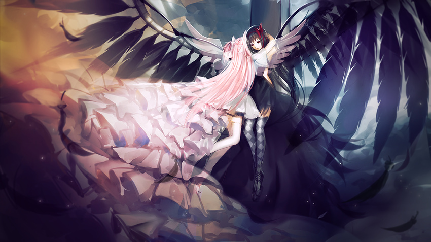 akemi_homura akuma_homura alternate_eye_color argyle argyle_legwear arm_around_neck bangs black_dress black_gloves black_hair bow choker cross dark_orb_(madoka_magica) dress elbow_gloves feathered_wings feathers floating gloves hair_bow high_heels hug kaname_madoka large_wings layered_dress light_particles long_dress long_hair mahou_shoujo_madoka_magica mahou_shoujo_madoka_magica_movie mallizmora multiple_girls outstretched_arms pink_hair red_bow red_eyes spoilers spread_arms spread_wings thighhighs transparent_wings two_side_up ultimate_madoka very_long_hair white_bow white_dress wings