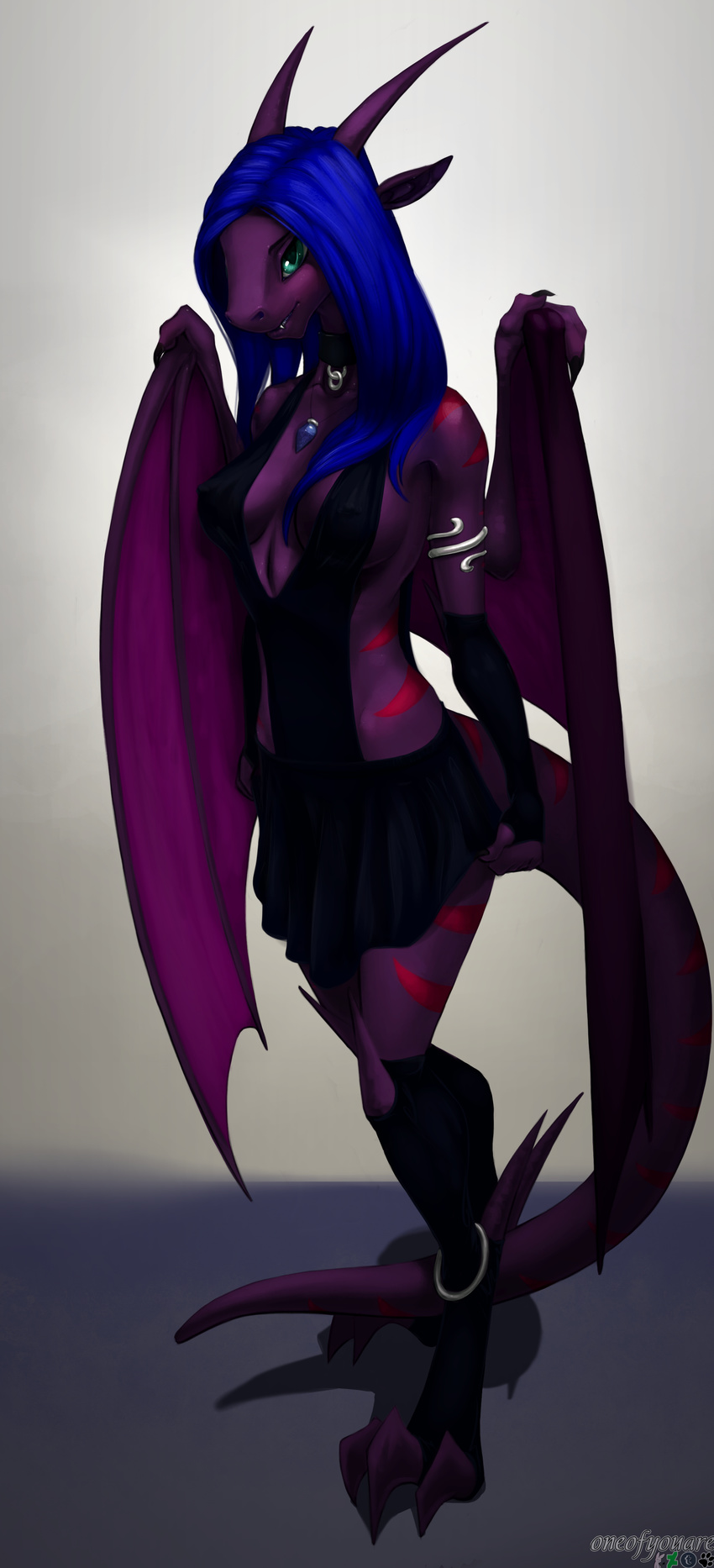 2016 3_toes 5_fingers absurd_res akhlys amulet anklet anthro armband armlet bat_wings big_feet big_tail big_wings black_bottomwear black_clothing black_collar black_gloves black_skirt black_socks black_topwear blue_hair breasts claws clothed clothing collar digital_media_(artwork) digitigrade dragon_tail drake_wings ears_back elbow_gloves evening_gown fangs feet female fingerless_gloves flat_belly fold_wings gargoyle gloves gown green_eyes hair hair_down hi_res hindpaw horn jewelry legwear lizard_tail long_ears long_hair long_tail looking_at_viewer membranous_wings miniskirt necklace nipple_bulge non-mammal_breasts oneofyouare paws pendant pleated_skirt pointy_ears purple_horn purple_nose purple_skin purple_tail purple_wings red_stripes shaded simple_background skimpy skirt smile snout socks solo standing stirrup_socks stockings straight_hair striped_skin stripes talons teeth thick_tail thigh_socks tiger_stripes titanium toeless_socks toes top wavy_hair wing_claws winged_arms wings