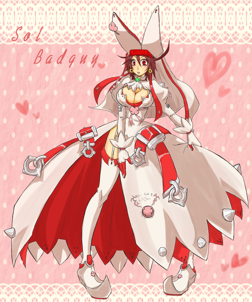 1girl ahoge arc_system_works artist_request blush breasts bridal_veil brown_hair character_name cleavage clover cosplay dress earrings elphelt_valentine elphelt_valentine_(cosplay) four-leaf_clover garter_straps genderswap_(mtf) gloves guilty_gear guilty_gear_xrd headband heart jewelry large_breasts long_sleeves looking_at_viewer parted_lips red_eyes ribbon shiny shiny_hair shiny_skin short_hair sol_badguy solo spikes thighhighs veil wedding_dress white_dress