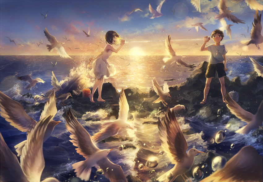 animal bird brown_hair bubbles clouds domik dress male original scenic short_hair shorts summer_dress sunset water