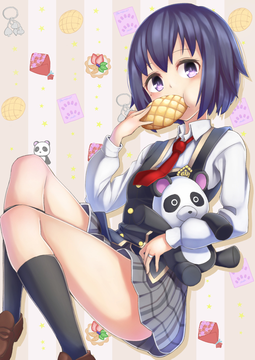 black_legwear blue_hair blush bread food highres loafers melon_bread misaki_yuuma mole mole_under_eye necktie plaid plaid_skirt purple_eyes school_girl_strikers school_uniform shoes short_hair skirt socks solo stuffed_animal stuffed_panda stuffed_toy sumihara_satoka