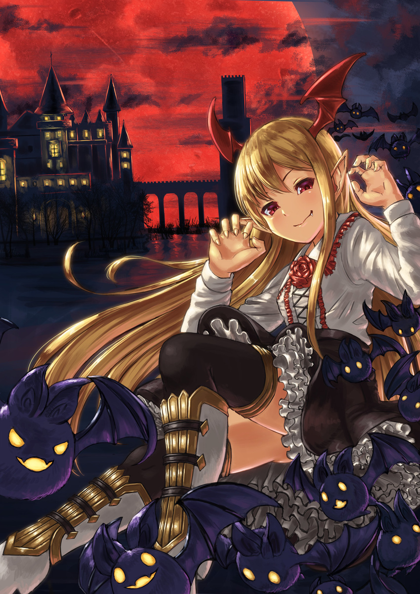 &gt;:) ass bat blonde_hair boots bridge castle claw_pose fang fang_out frills granblue_fantasy head_wings highres long_hair meme_attire michitarou miniskirt moon night petticoat red_eyes red_moon shingeki_no_bahamut shirt skirt smile thighhighs upskirt v-shaped_eyebrows vampy virgin_killer_outfit white_shirt wing_collar zettai_ryouiki