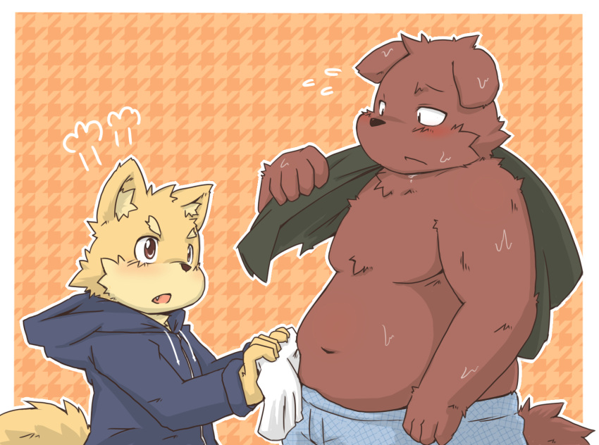2011 anthro belly blush canine clothing dog duo hoodie humanoid_hands kota&acute; male mammal moobs navel overweight overweight_male shorts simple_background sweat