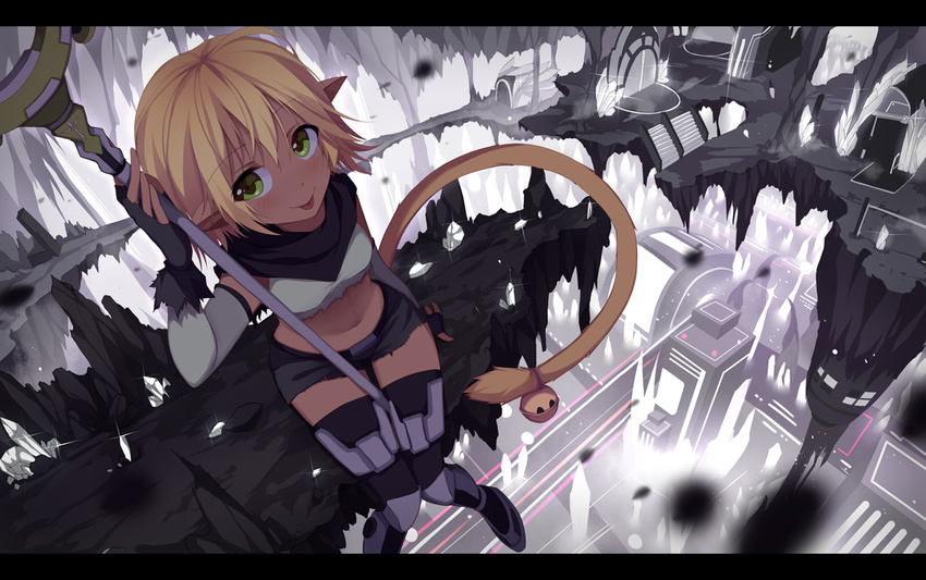 :p animal_ears blonde_hair cat_ears cat_tail detached_sleeves fingerless_gloves from_above gloves green_eyes holding looking_at_viewer midriff navel original rizky_(strated) short_hair short_shorts shorts sitting smile solo staff tail thigh_gap thighhighs tongue tongue_out
