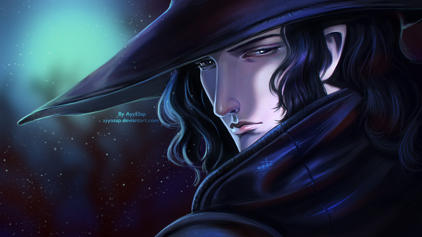 artist_name ayya_saparniyazova black_eyes black_hair coat d_(vampire_hunter_d) face from_behind frown hat highres light_particles long_hair looking_back male_focus signature solo vampire_hunter_d watermark web_address witch_hat