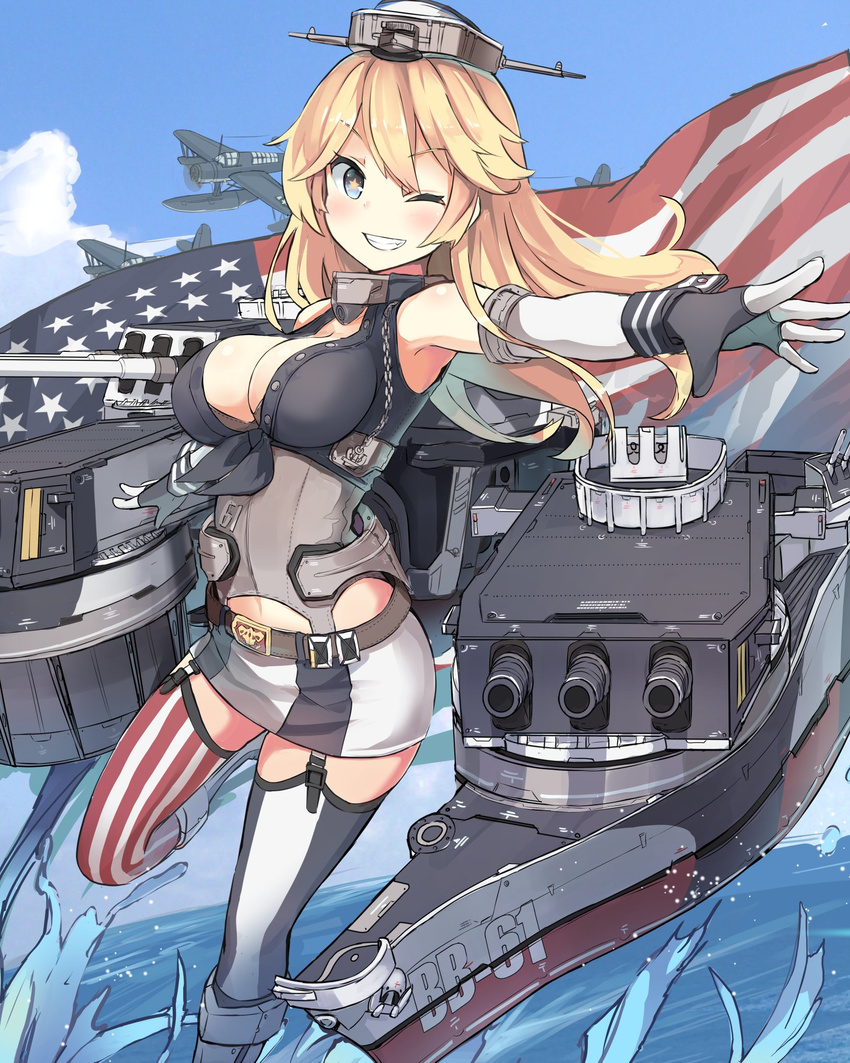 aircraft airplane american_flag belt blonde_hair blue_eyes boots breasts elbow_gloves fingerless_gloves front-tie_top garter_straps gloves grin highres iowa_(kantai_collection) isegawa_yasutaka kantai_collection knee_boots large_breasts long_hair machinery miniskirt one_eye_closed skirt smile solo star star-shaped_pupils striped striped_legwear symbol-shaped_pupils thighhighs vertical-striped_legwear vertical_stripes