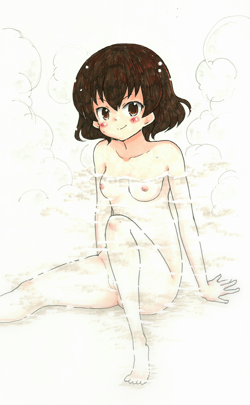 1girl arm_support barefoot blush breasts brown_eyes brown_hair caesar_(girls_und_panzer) feet female girls_und_panzer knee_up mehonobu_g nipples nude onsen partially_submerged pussy short_hair sitting smile solo steam toes traditional_media uncensored water