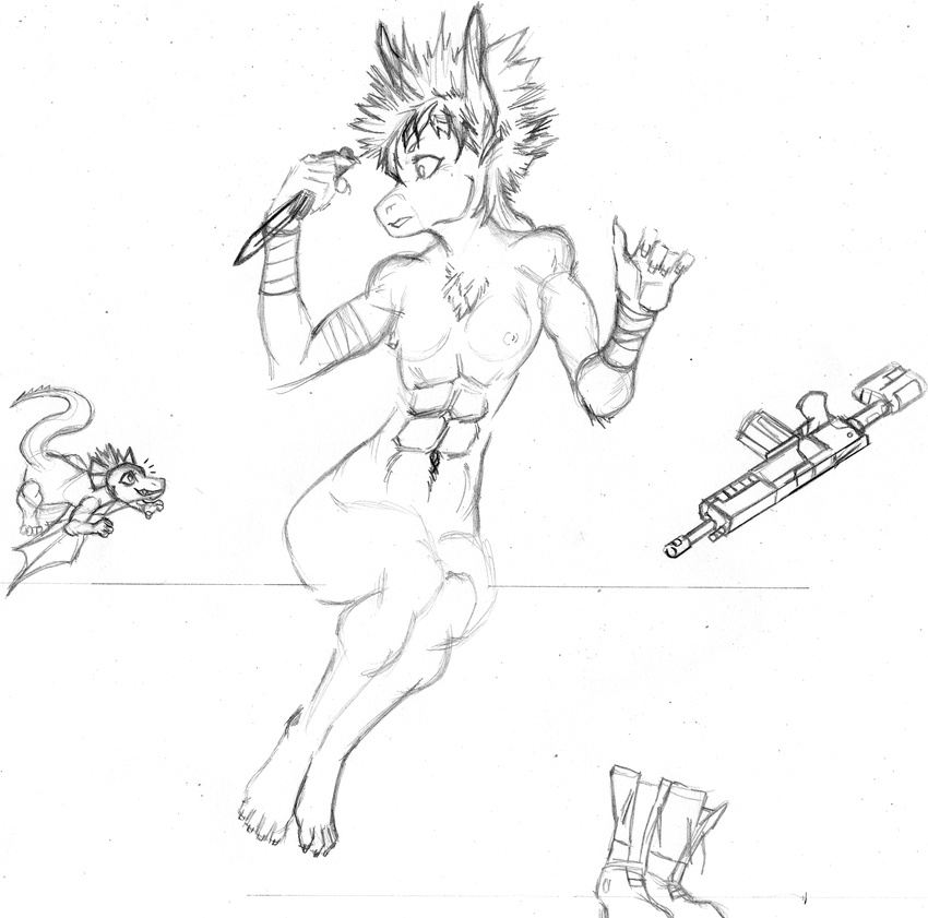 assault_rifle bandage boots chest_tuft clothing donkey dragon equine feet female footwear gun hair harpseal hida knife mammal mikasa_heckla_hecloran mohawk muscular muscular_female navel nude ranged_weapon rifle surprise tuft weapon wide_hips wings