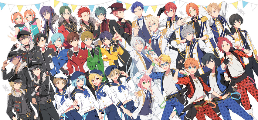 6+boys akatsuki_(ensemble_stars!) akehoshi_subaru aoi_hinata aoi_yuuta aqua_hair bad_id bad_pixiv_id black_hair blonde_hair brothers dark_skin dark_skinned_male ensemble_stars! epaulettes eunram everyone fine_(ensemble_stars!) fingerless_gloves flag fur_trim fushimi_yuzuru glasses gloves grey_hair hakaze_kaoru hasumi_keito hat hibiki_wataru hidaka_hokuto highres himemiya_touri idol isara_mao itsuki_shu jacket japanese_clothes kagehira_mika kanzaki_souma kiryuu_kurou knights_(ensemble_stars!) leather leather_jacket male_focus mashiro_tomoya morisawa_chiaki multiple_boys nagumo_tetora narukami_arashi nito_nazuna oogami_koga orange_hair otogari_adonis pink_hair plaid purple_hair rabbits_(ensemble_stars!) red_hair ryuuseitai sailor sailor_collar sailor_hat sakuma_rei_(ensemble_stars!) sakuma_ritsu sena_izumi_(ensemble_stars!) sengoku_shinobu shinkai_kanata shino_hajime siblings sidelocks silver_hair string_of_flags suou_tsukasa takamine_midori tenma_mitsuru tenshouin_eichi trickstar tsukinaga_leo twins undead_(ensemble_stars!) valkyrie_(ensemble_stars!) yuuki_makoto_(ensemble_stars!)