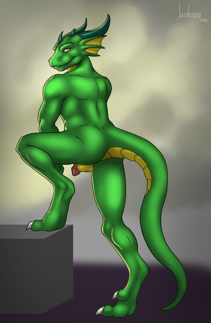 2015 anthro balls butt claws digitigrade dragon flaccid green_scales horn jardenon kasukajericho limp_penis looking_at_viewer male multicolored_scales muscular nude penis scales scalie simple_background smile solo two_tone_scales yellow_eyes yellow_scales