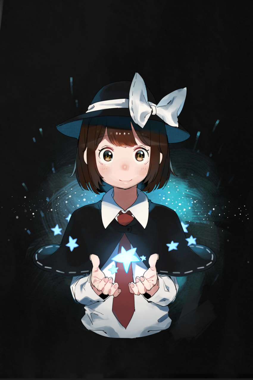 bangs black_capelet blush bow brown_eyes brown_hair capelet collared_shirt fingernails hat hat_bow highres holding long_sleeves looking_at_viewer magical_astronomy necktie red_neckwear shirt short_hair smile sofa_(enogunomu) solo star touhou upper_body usami_renko white_bow white_shirt wing_collar