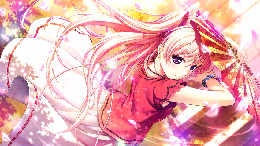 armpit_peek bad_id bad_yandere_id bekkankou cherry_blossoms dancing hair_ribbon highres holding long_hair miyaguni_akari outdoors purple_eyes red_ribbon ribbon sen_no_hatou_tsukisome_no_kouki silver_hair skirt solo white_skirt