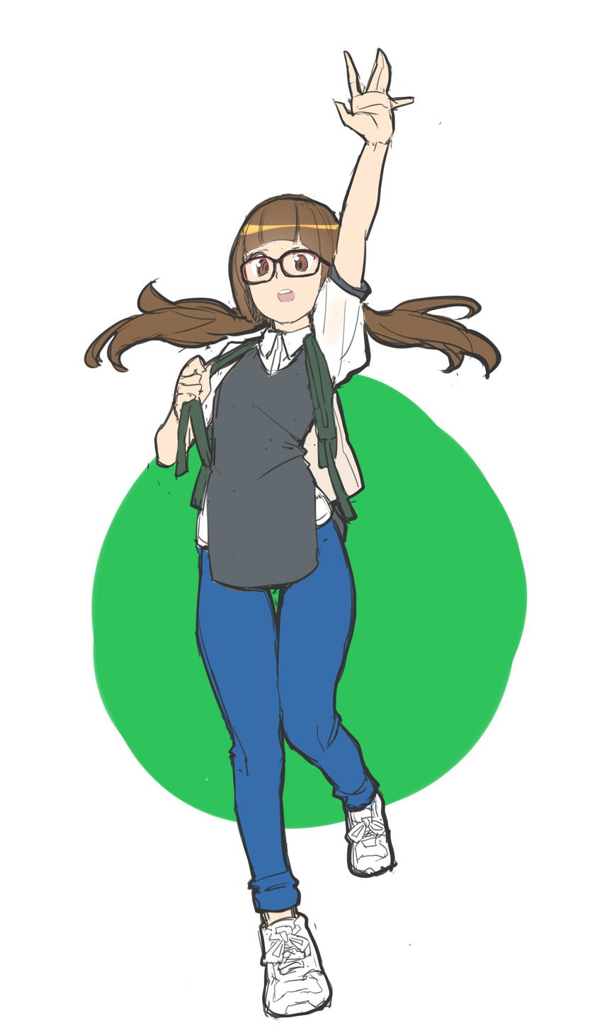 absurdres arm_up backpack bag black-framed_eyewear brown_eyes brown_hair casual denim flat_chest full_body glasses glasses_girl_(makai) highres jeans long_hair low_twintails makai original pants shoes sketch sneakers solo thigh_gap twintails walking waving